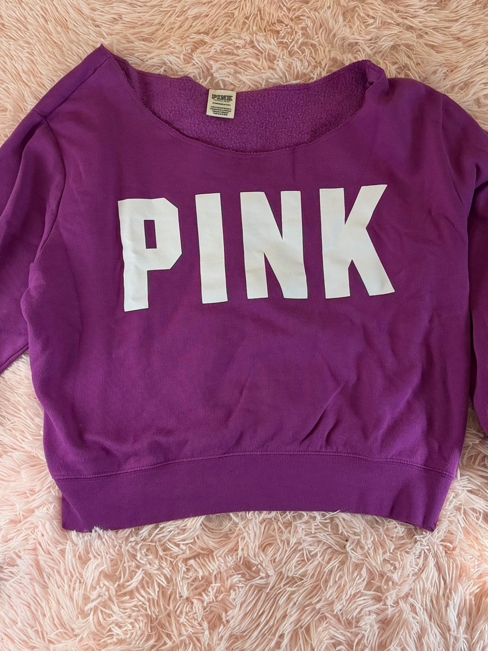 PINK Victoria's Secret Purple Cropped Sweatshirt with White Logo
